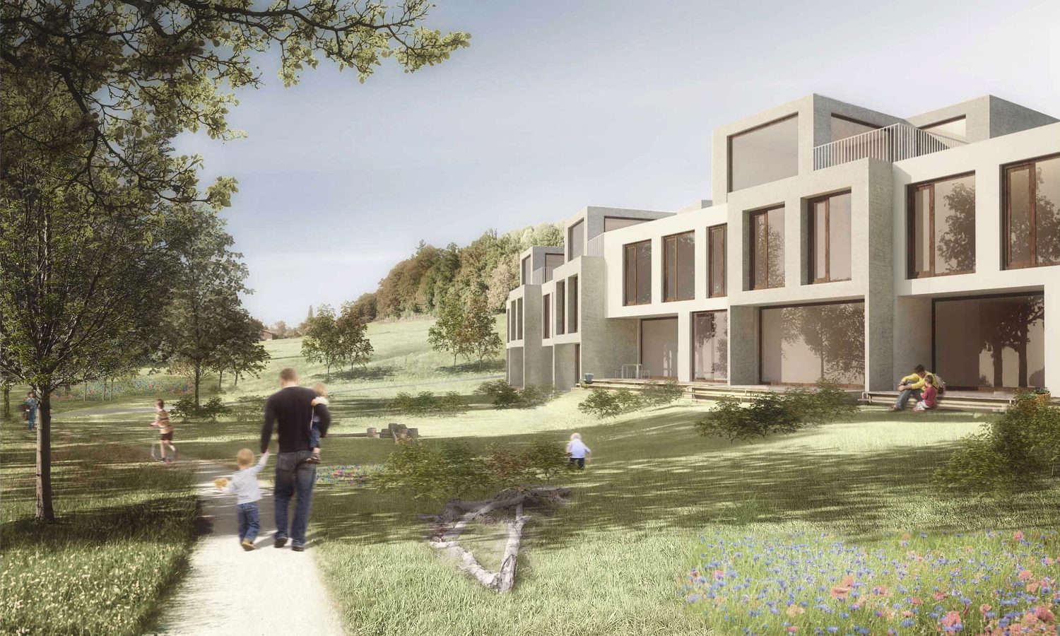 Die Positionierung der Baukörper stärkt die Nutzbarkeit des grosszügigen Grünraums mit viel Luft und Intimität.